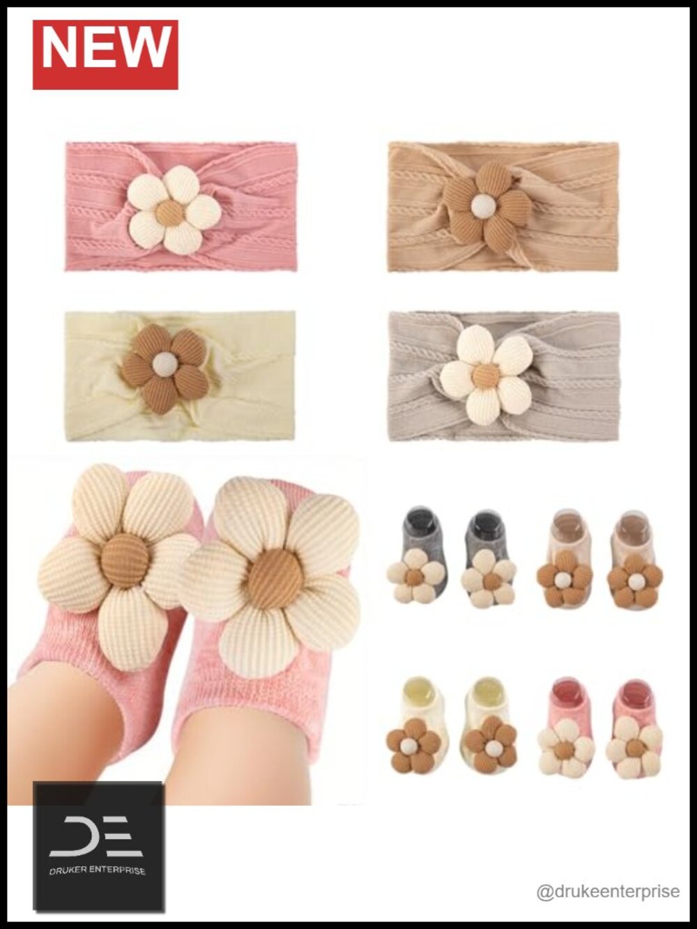 Baby Girl Flower Headband & Socks Set Non-Slip Grip Cotton 0-6M